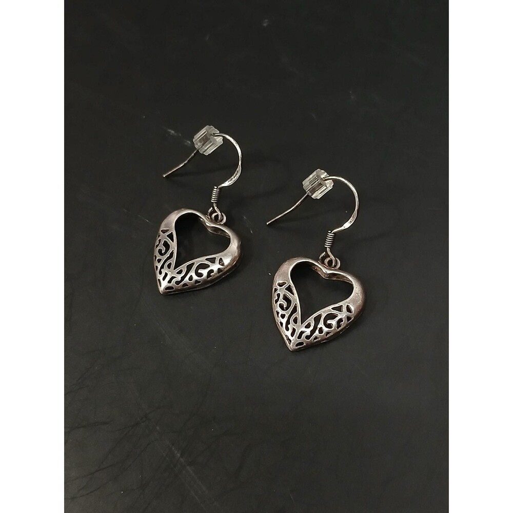 Sterling Silver 925 Heart Dangle Earrings Cutout Filigree 0.875"